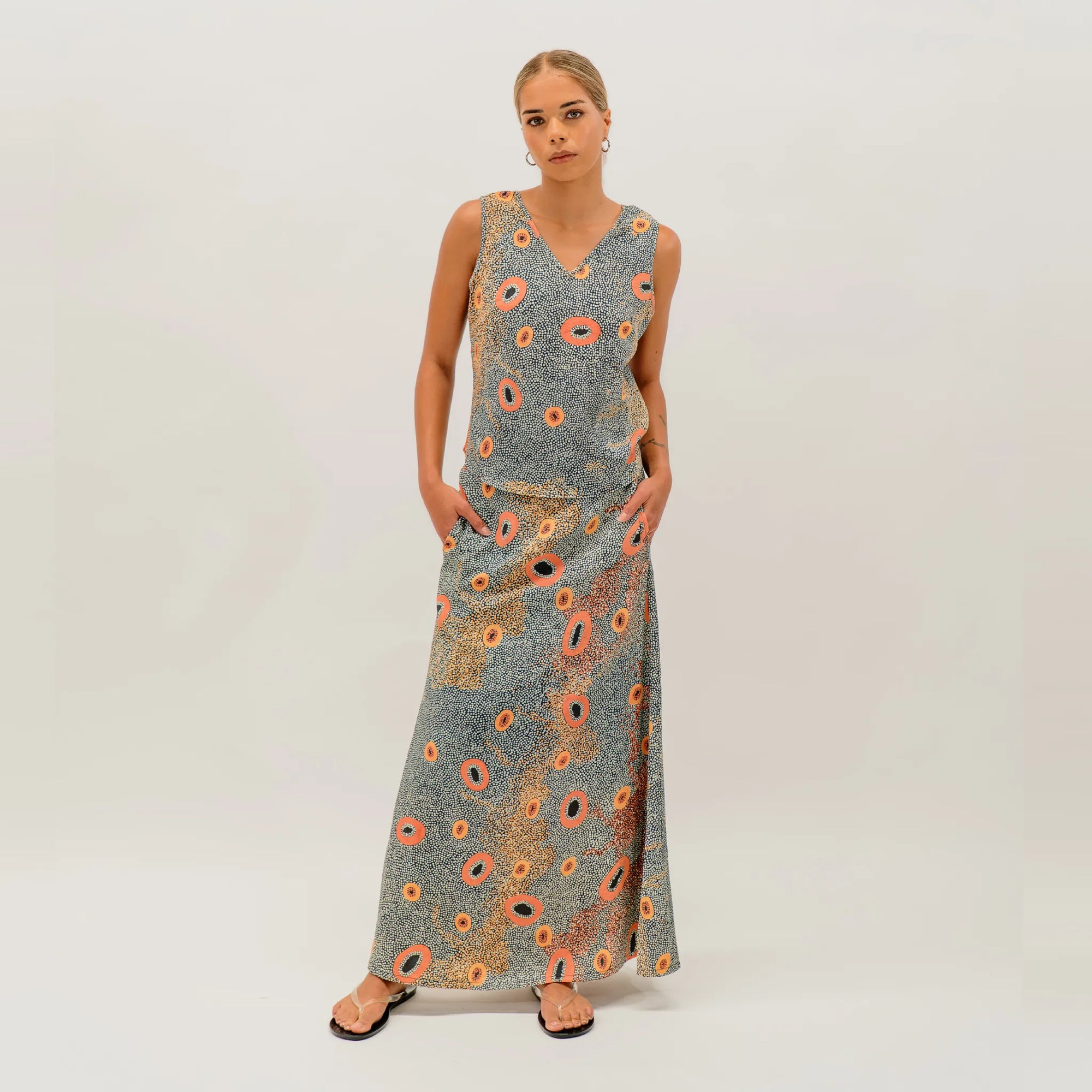Dry Country skirt featuring authentic Australian Indigenous artwork by Sheryl Hicks inspired by the Australian landscape.