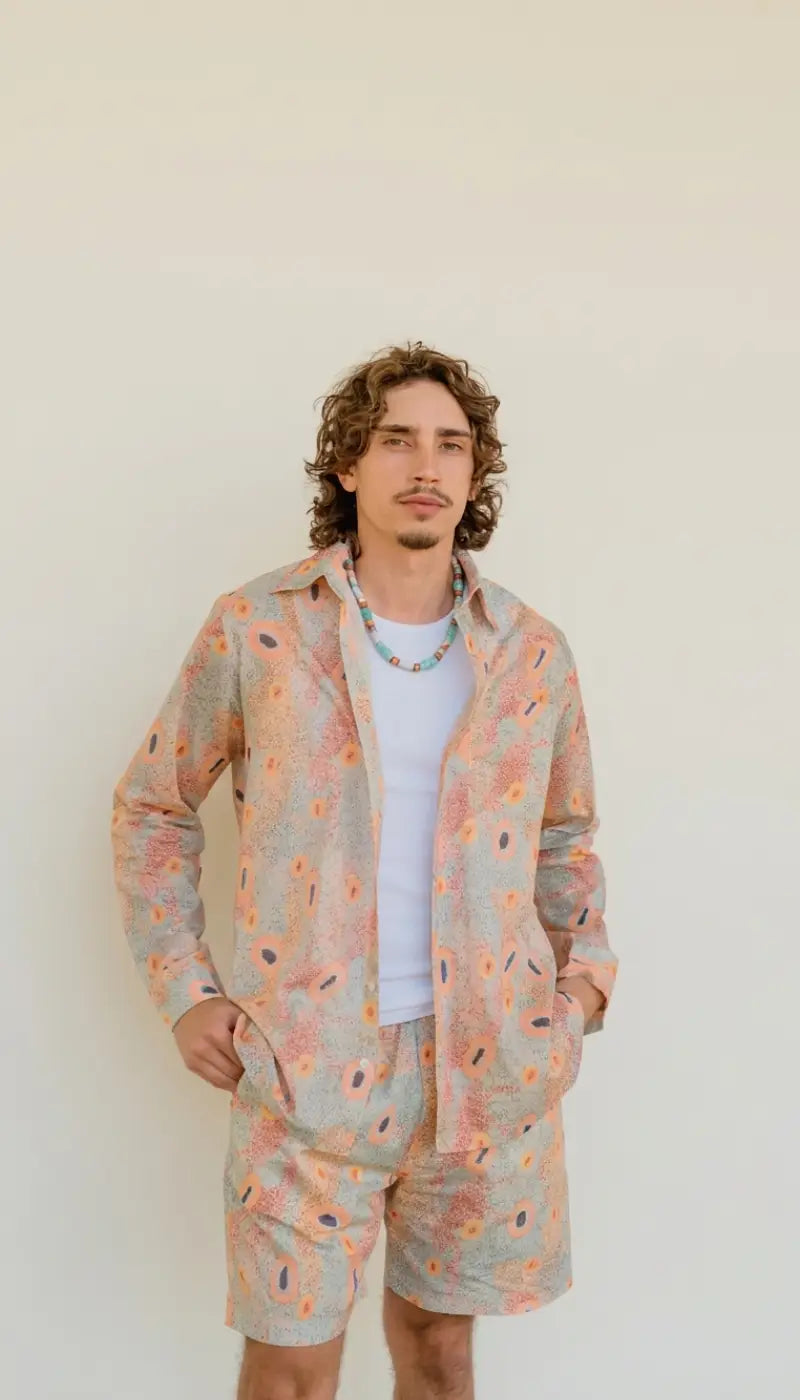Kirrikin Long Sleeve Dry Country shirt with Indigenous art by Sheryl Hicks.