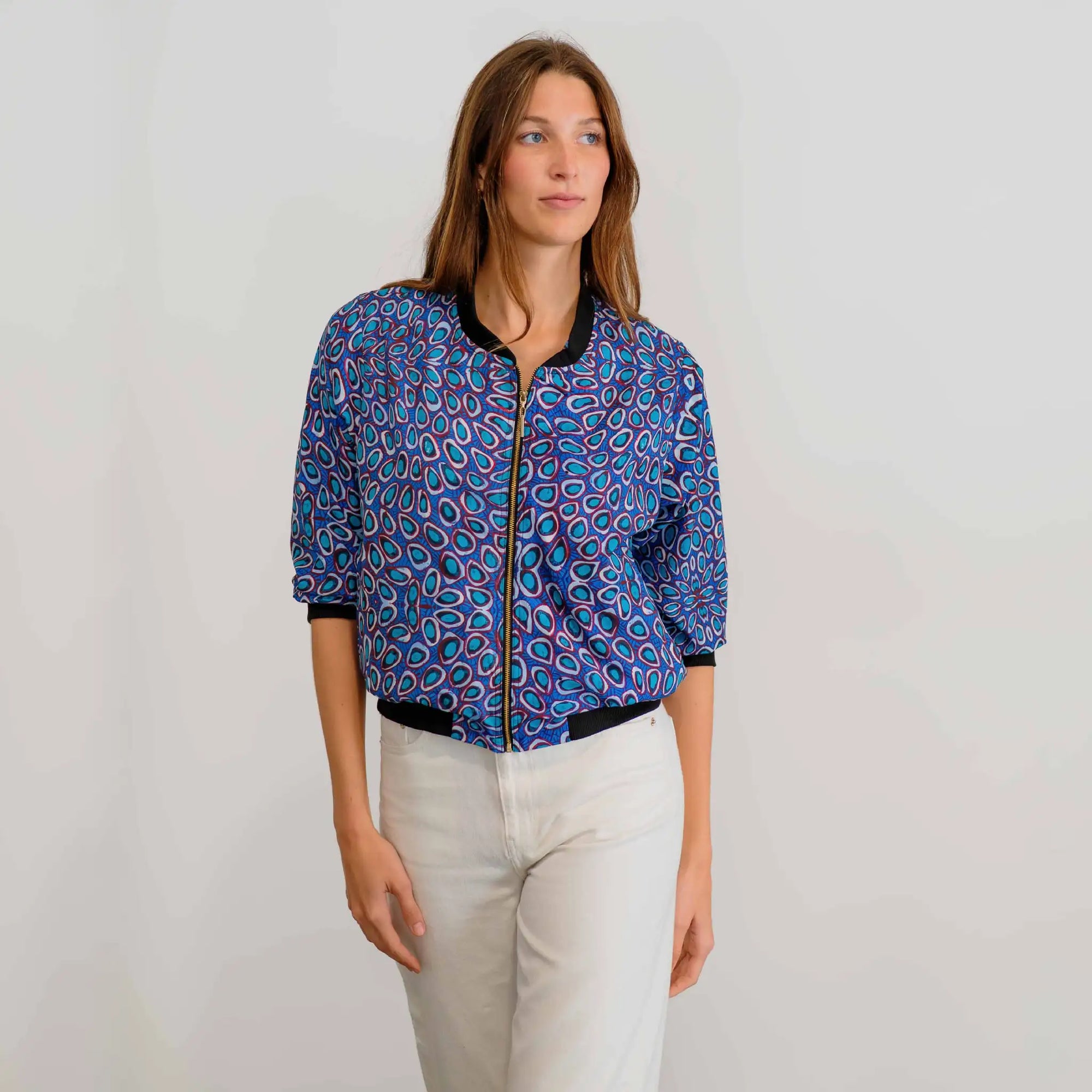 Australian native wildflower print on the Pilbara Wildflowers Bomber Jacket by Kirrikin.