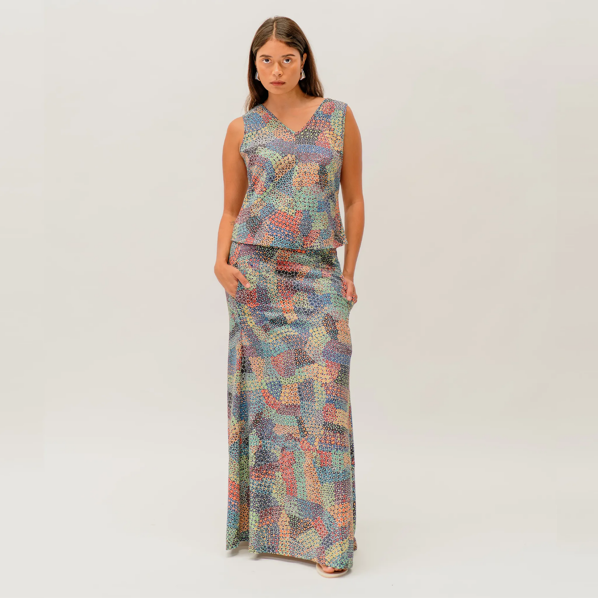 Pilbara Wildflowers skirt featuring vibrant Australian native wildflower artwork by Sheryl Hicks inspired by the Pilbara region.